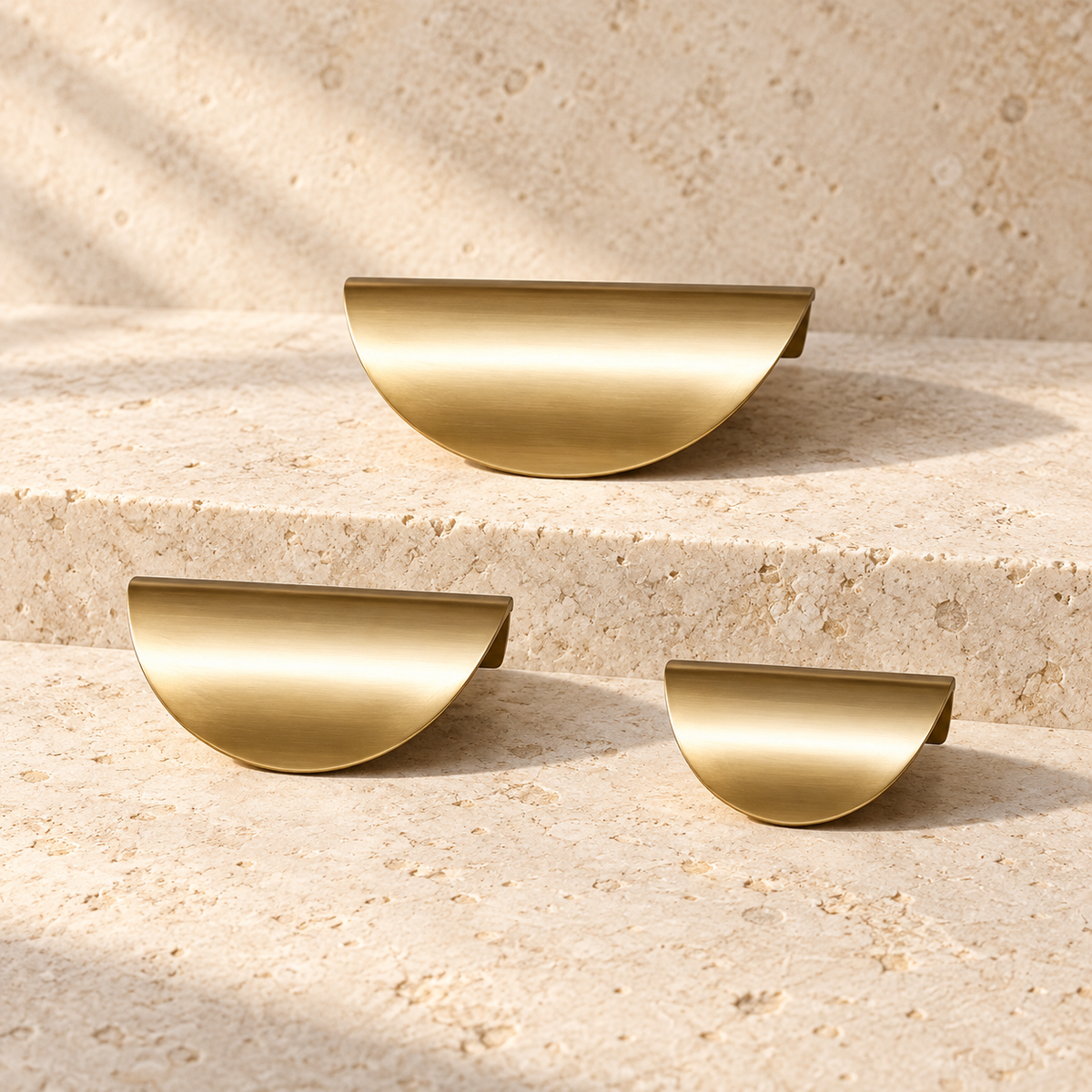 Brushed Brass Hidden Finger Tab Cabinet Pull - Modern Design on warm ivory stone