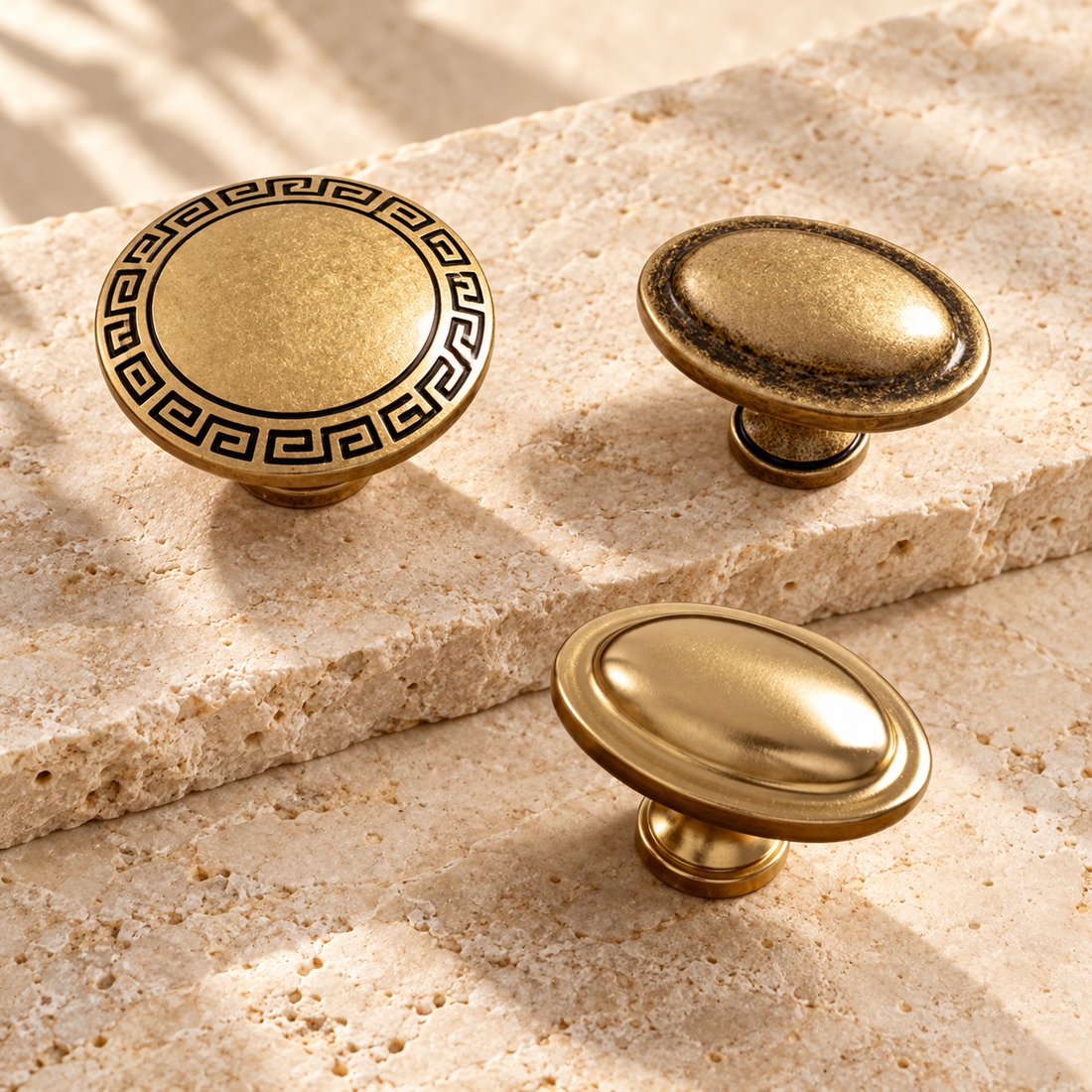 Antique Brass Round Cabinet Knobs — European Luxury Design on warm ivory stone