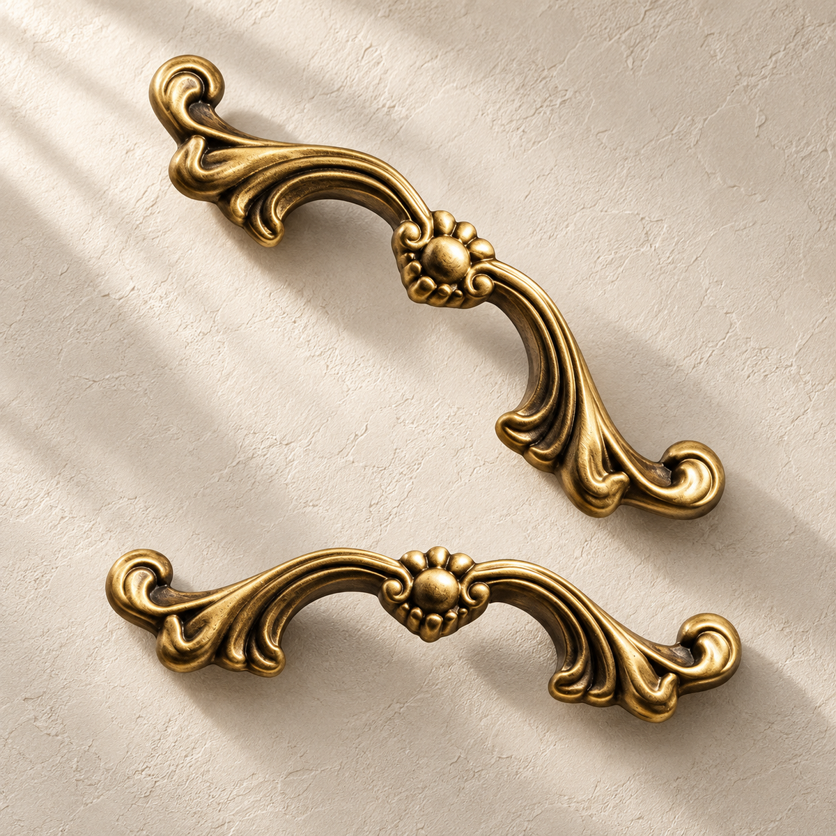 Solid Brass French Vintage Cabinet Pulls — Antique Brass on a warm ivory background