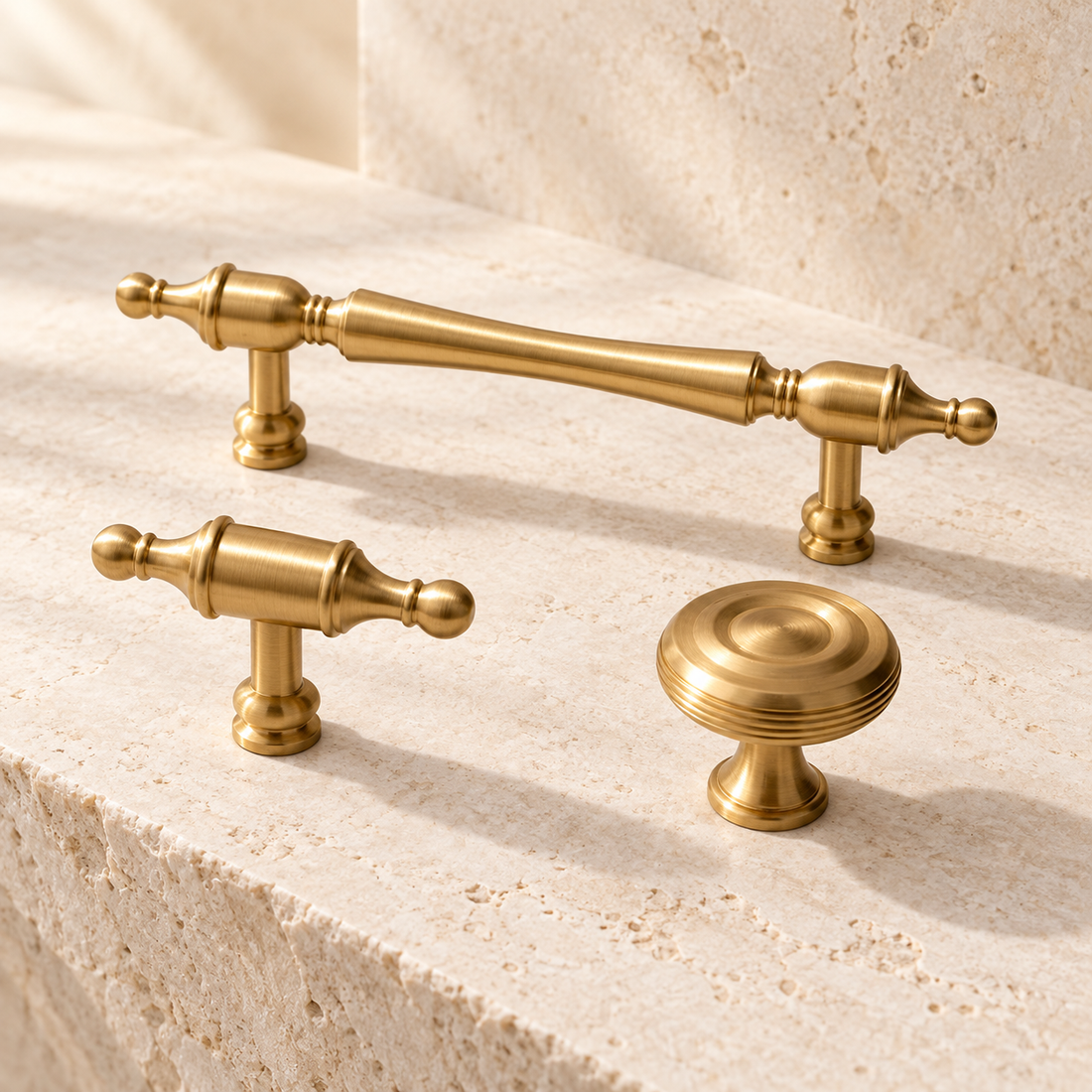 Brushed Brass Cabinet Pulls & Knobs — Solid Brass Hardware on warm ivory stone