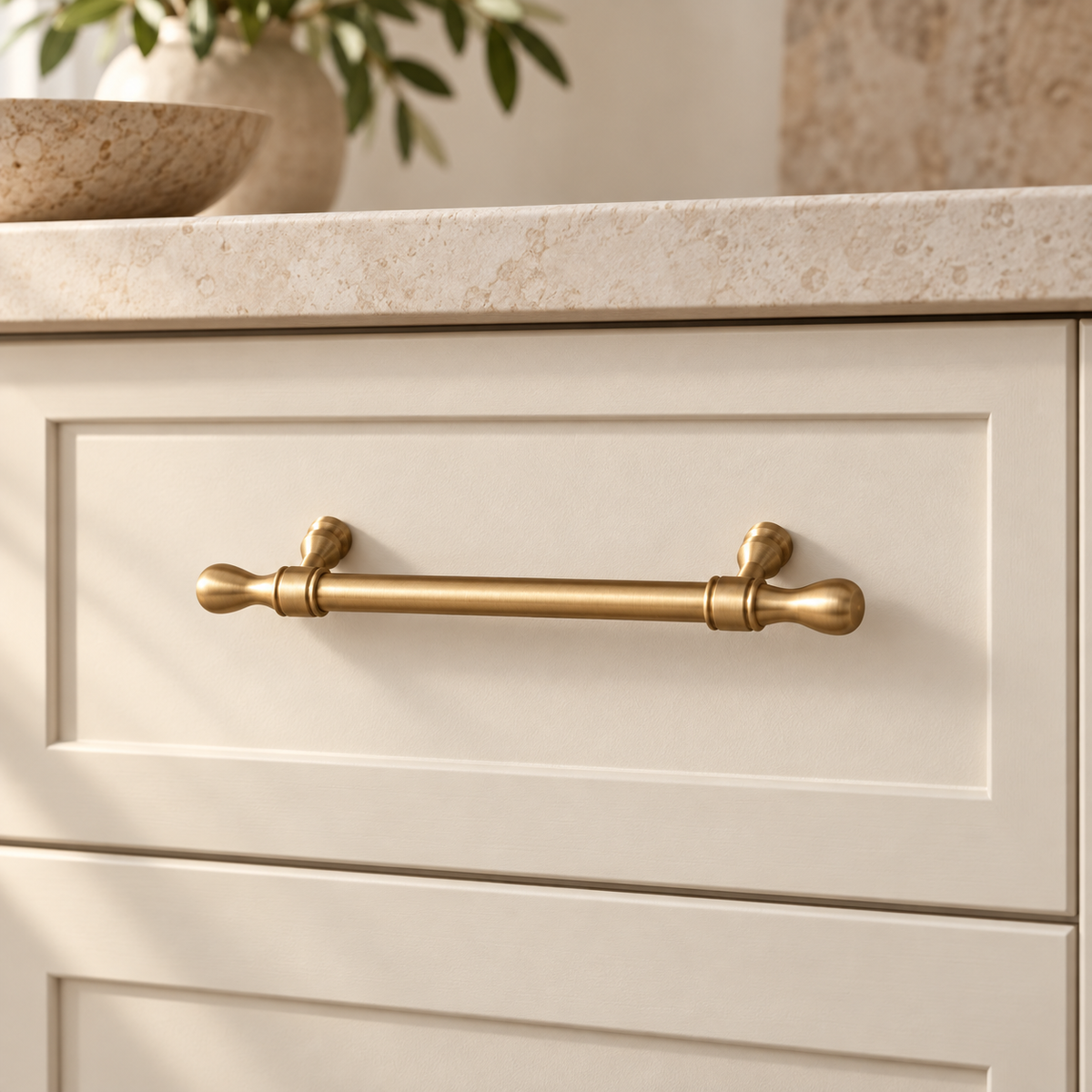 Brushed Brass Drop-Shaped Solid Brass Cabinet Pulls & Knobs installed on warm ivory cabinetry