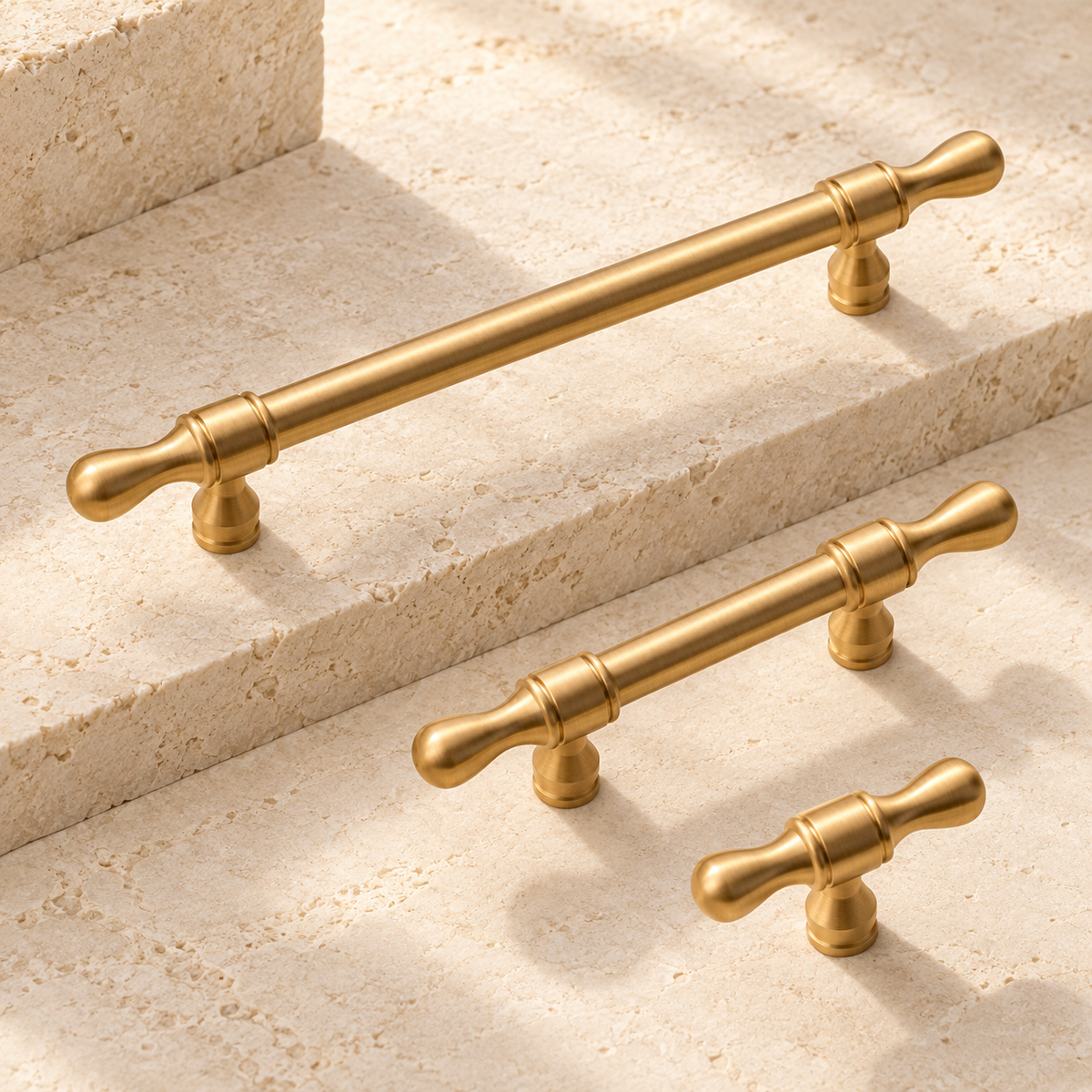 Brushed Brass Drop-Shaped Solid Brass Cabinet Pulls & Knobs on warm ivory stone
