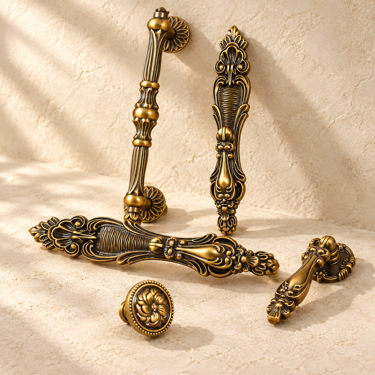 Traditional European Cabinet Pulls & Knobs — Antique Brass Zinc Alloy on a warm ivory background