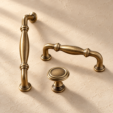 European Solid Brass Cabinet Pulls & Knobs — Antique Brass on a warm ivory background