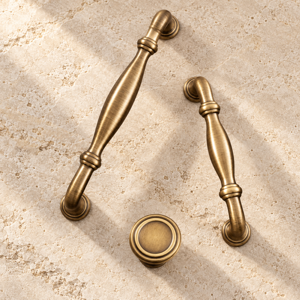 European Solid Brass Cabinet Pulls & Knobs — Antique Brass — premium supporting view