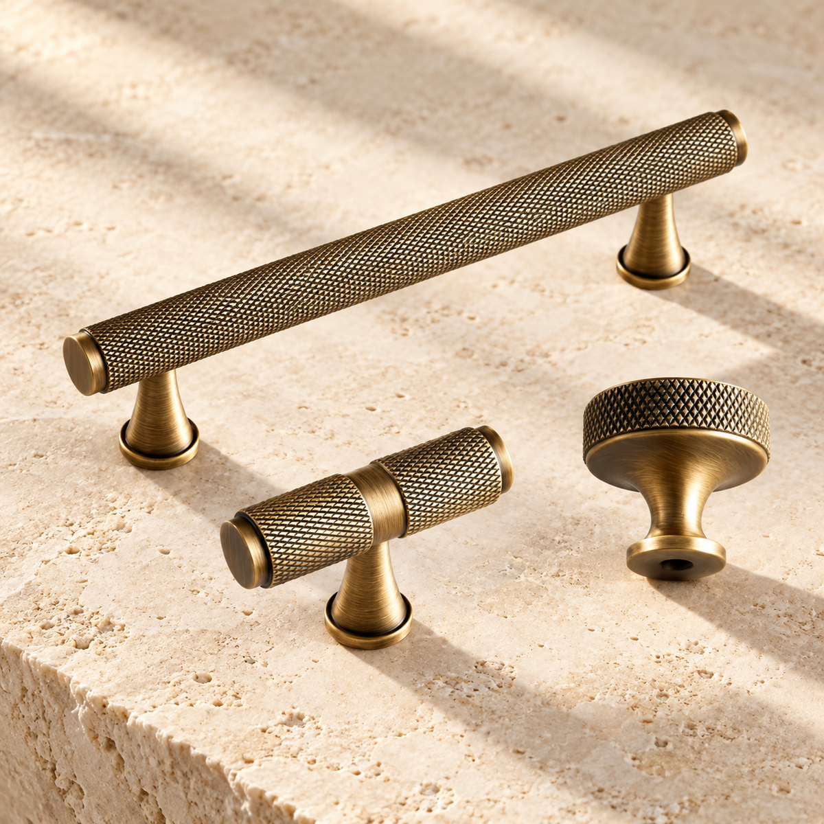 Diamond-Knurled Solid Brass Cabinet Pulls & Knobs — Antique Brass — premium supporting view