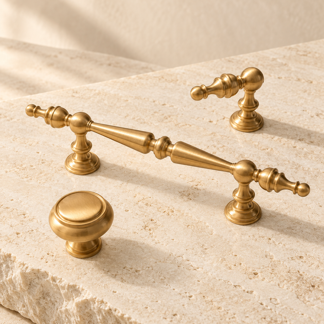 Beaded Spindle Cabinet Pull & Knob — Brushed Brass on warm ivory stone