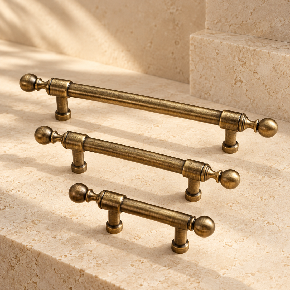 Ball-Foot Spindle Cabinet Pull & Knob — Antique Brass on warm ivory stone