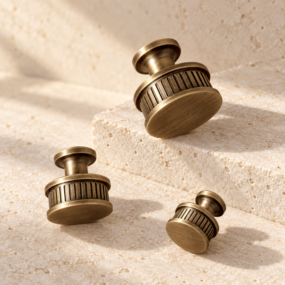 Antique Brass Spiral Ribbed Solid Brass Cabinet Pulls & Knobs on warm ivory stone