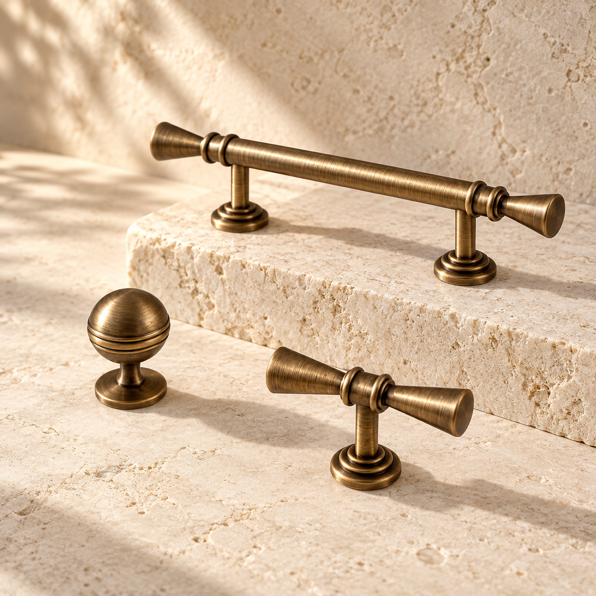 Antique Brass Pendant Solid Brass Cabinet Pulls & Knobs on warm ivory stone