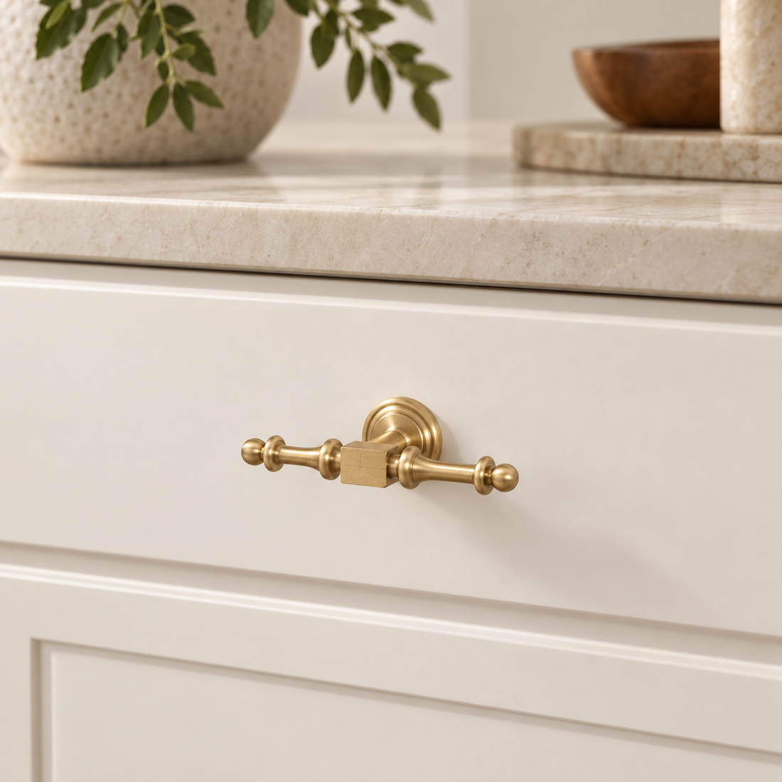 Brushed Brass Solid Brass Cabinet Pulls & Knobs — Modern Luxury Design on warm ivory stone