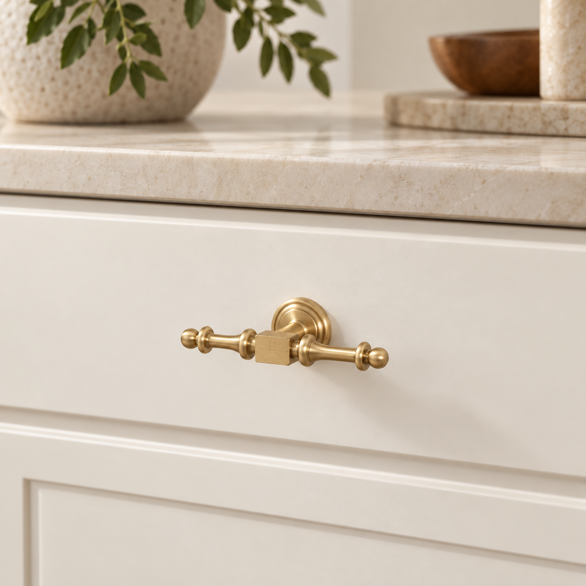 Brushed Brass Solid Brass Cabinet Pulls & Knobs — Modern Luxury Design installed on warm ivory cabinetry