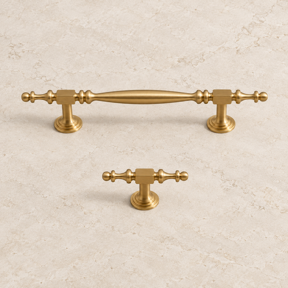 Brushed Brass Solid Brass Cabinet Pulls & Knobs — Modern Luxury Design on warm ivory stone