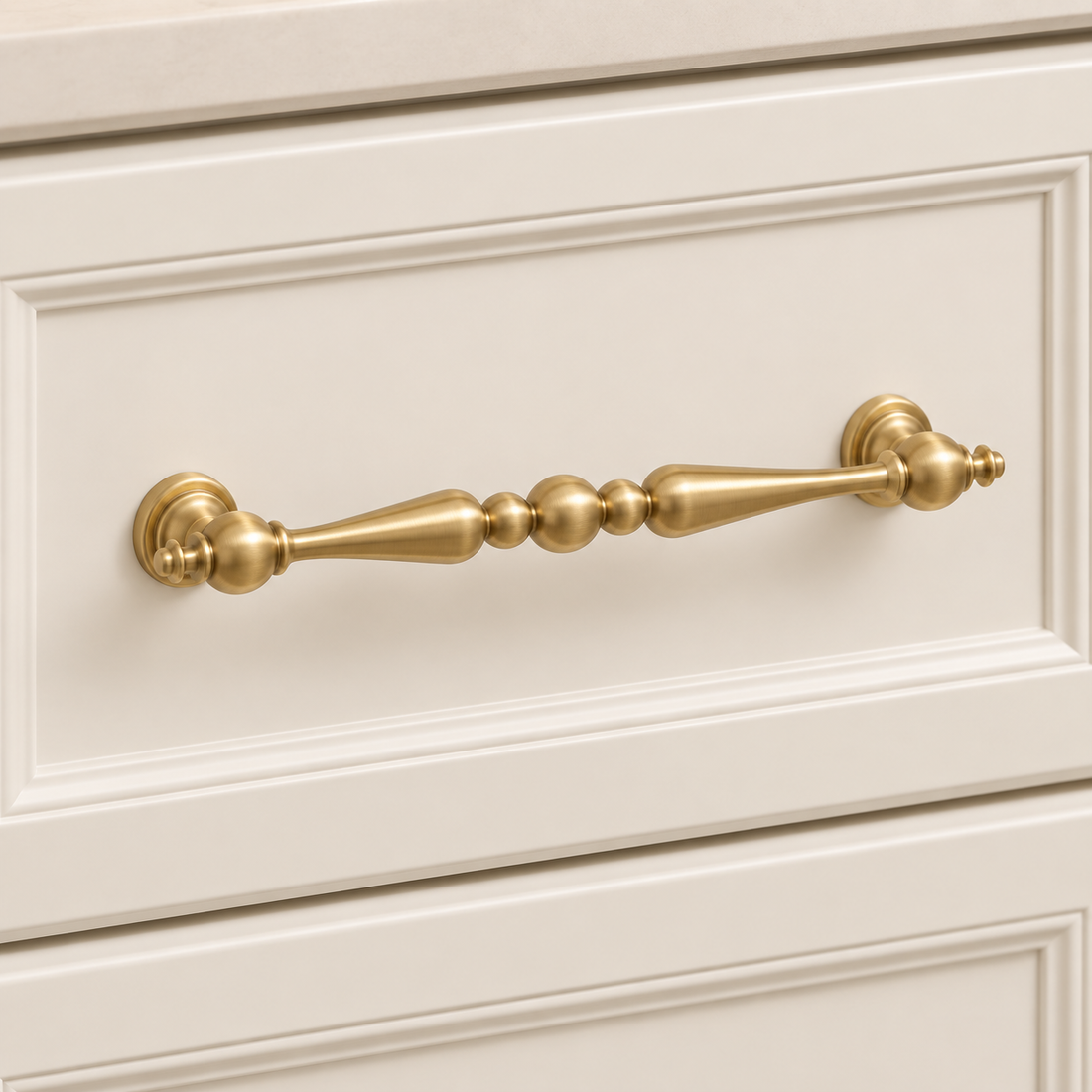 Brushed Brass Solid Brass Cabinet Pulls & Knobs — Modern Design on warm ivory stone