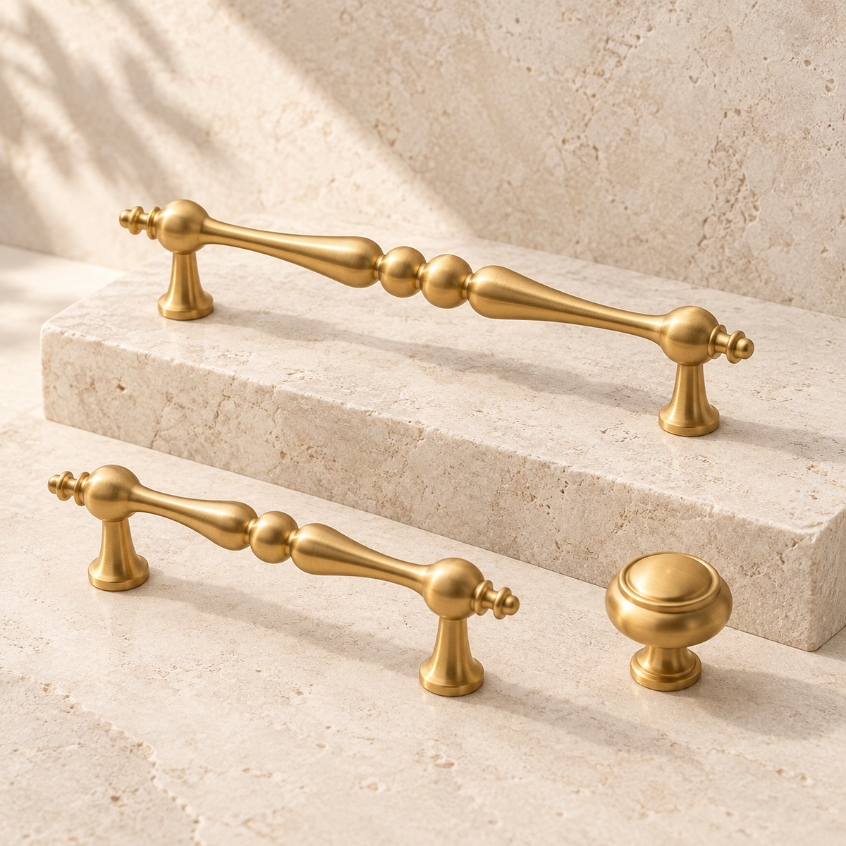 Brushed Brass Solid Brass Cabinet Pulls & Knobs — Modern Design on warm ivory stone