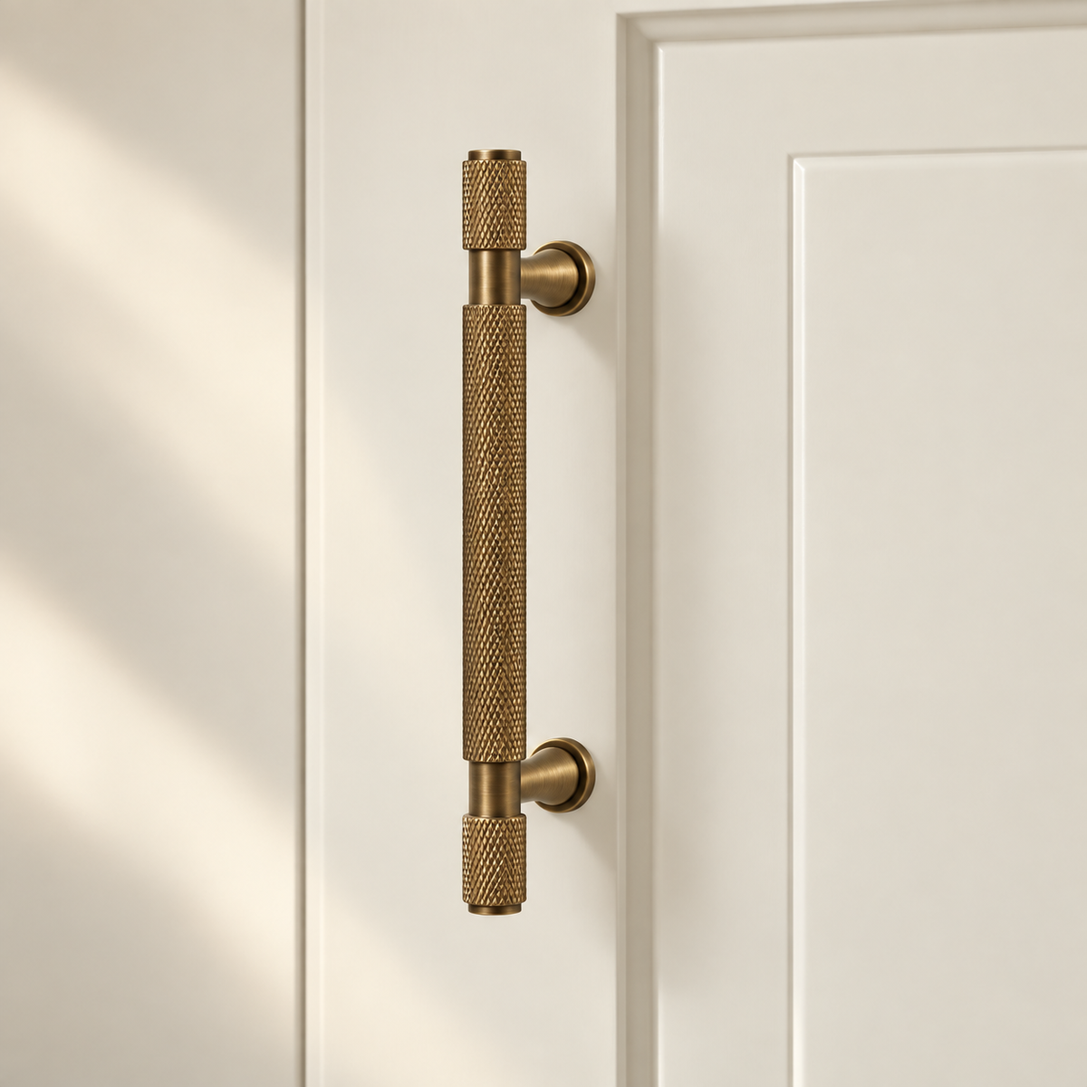 Antique Brass Solid Brass Knurled Cabinet Pulls & Knobs — Cross Pattern Design installed on warm ivory cabinetry