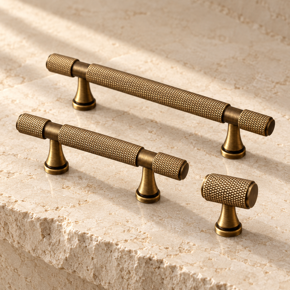 Antique Brass Solid Brass Knurled Cabinet Pulls & Knobs — Cross Pattern Design on warm ivory stone