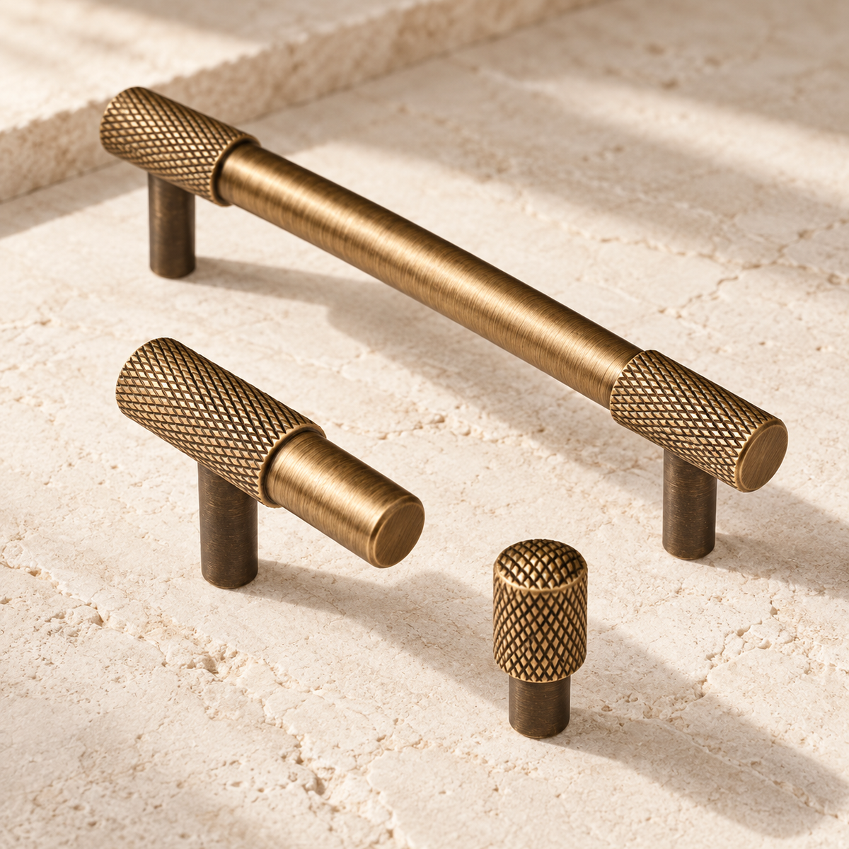 Antique Brass Solid Brass Knurled Cabinet Pulls & Knobs — Modern Industrial Design on warm ivory stone