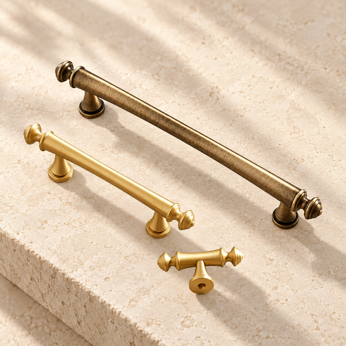 Antique Brass Solid Brass T-Bar Cabinet Pulls & Knobs — Modern Design on warm ivory stone