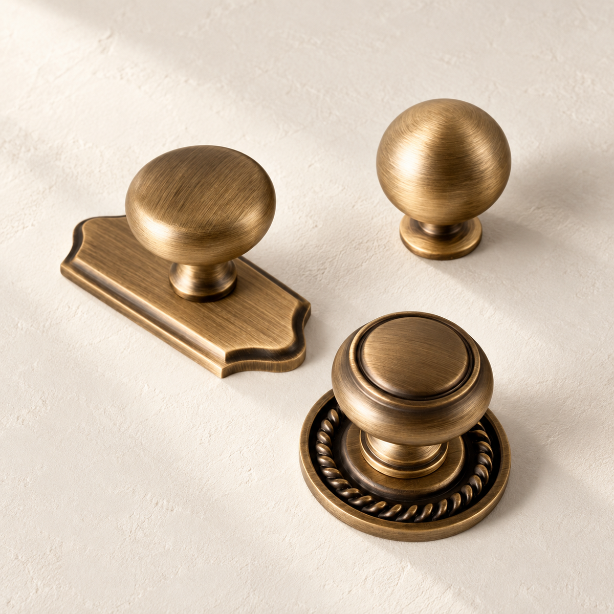 Solid Brass Cabinet Knobs with Backplates — Antique Brass on a warm ivory background