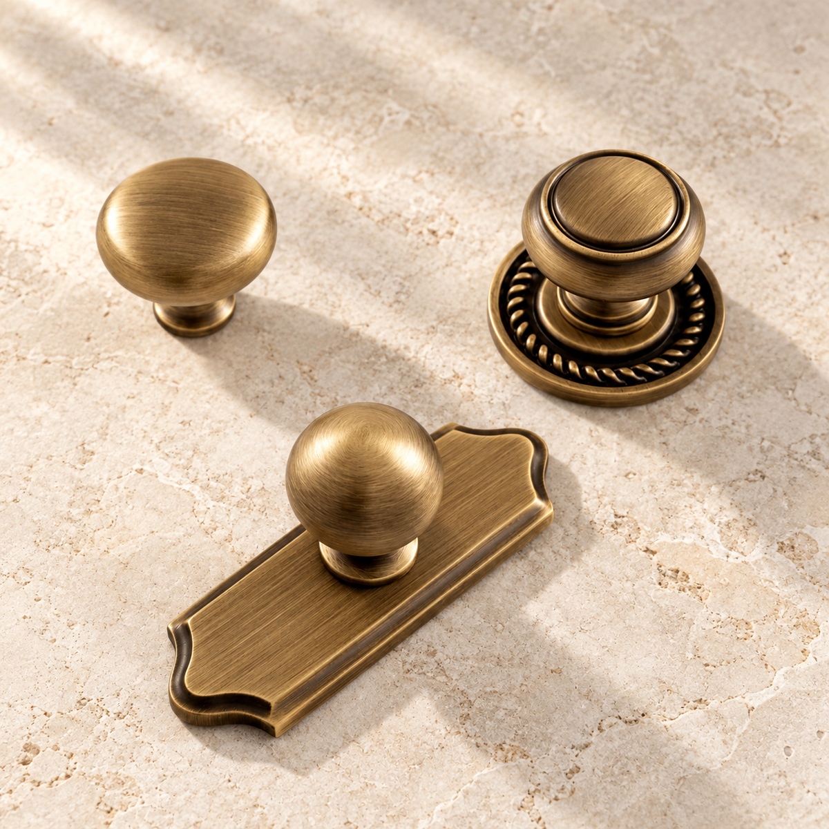 Solid Brass Cabinet Knobs with Backplates — Antique Brass — premium supporting view
