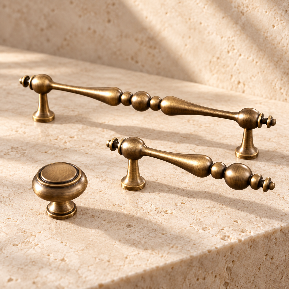 Antique Brass T-Bar Cabinet Pull & Knob — Solid Brass on warm ivory stone