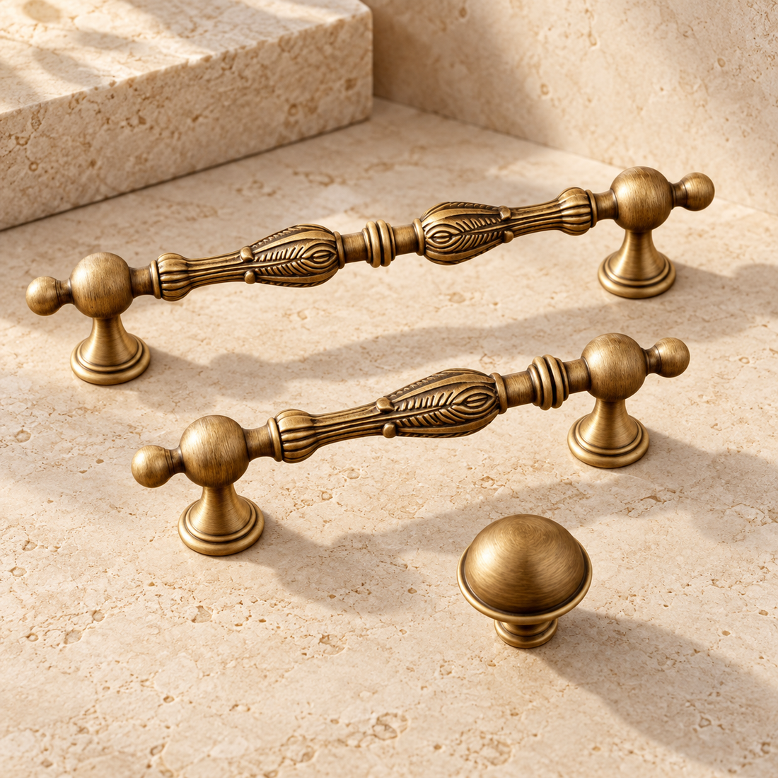 Ball-End Spindle Cabinet Pull & Knob — Antique Brass on warm ivory stone