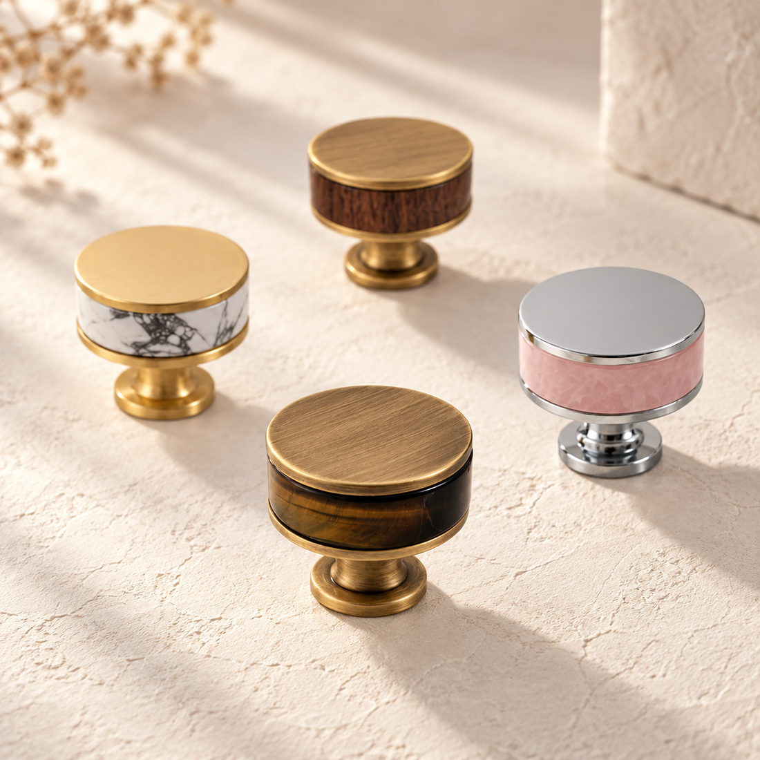 Brass Cabinet Knobs with Stone & Wood Inlays — Multi-Finish on a warm ivory background