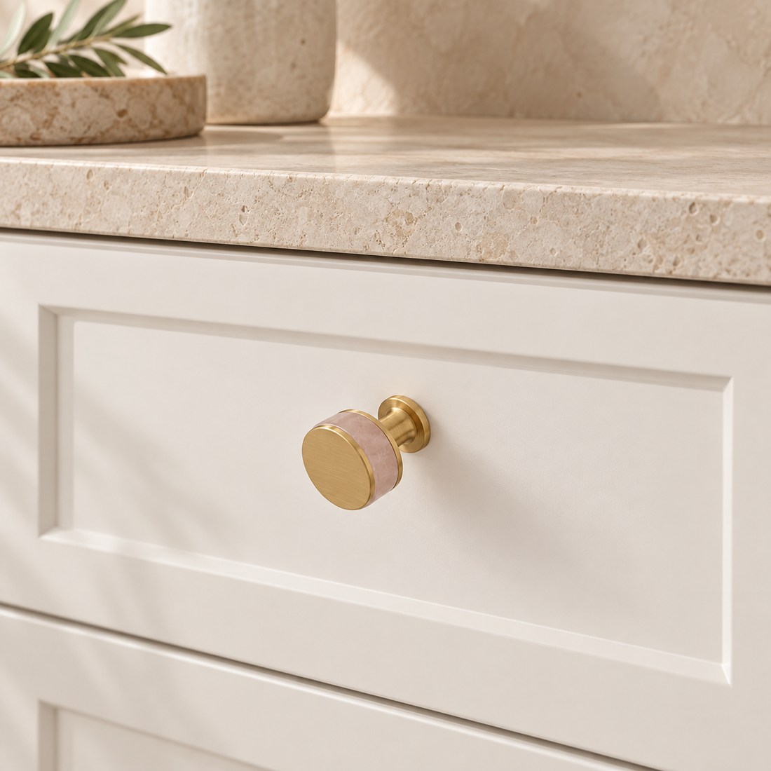 Brass Cabinet Knobs with Stone & Wood Inlays — Multi-Finish on a warm ivory background