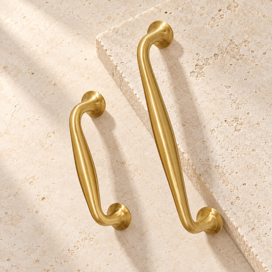 Brushed Brass Cabinet Pull & Knob — Modern Minimalist Design on warm ivory stone