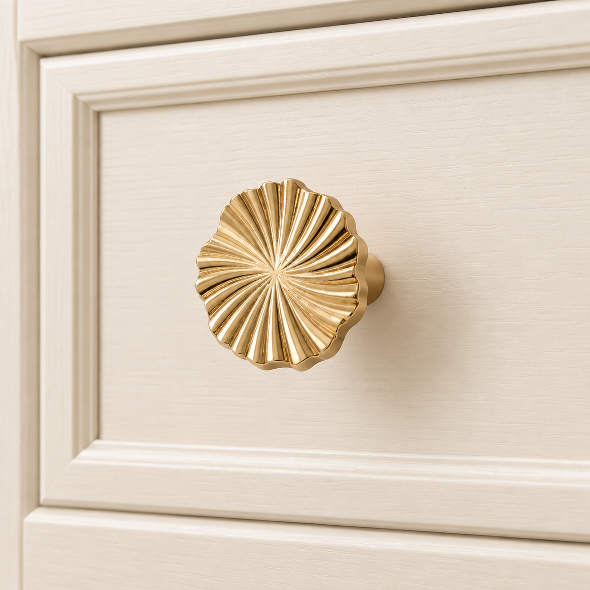 Brass Cabinet Knob — Multi-Finish (PVD Gold & Chrome) installed on warm ivory cabinetry