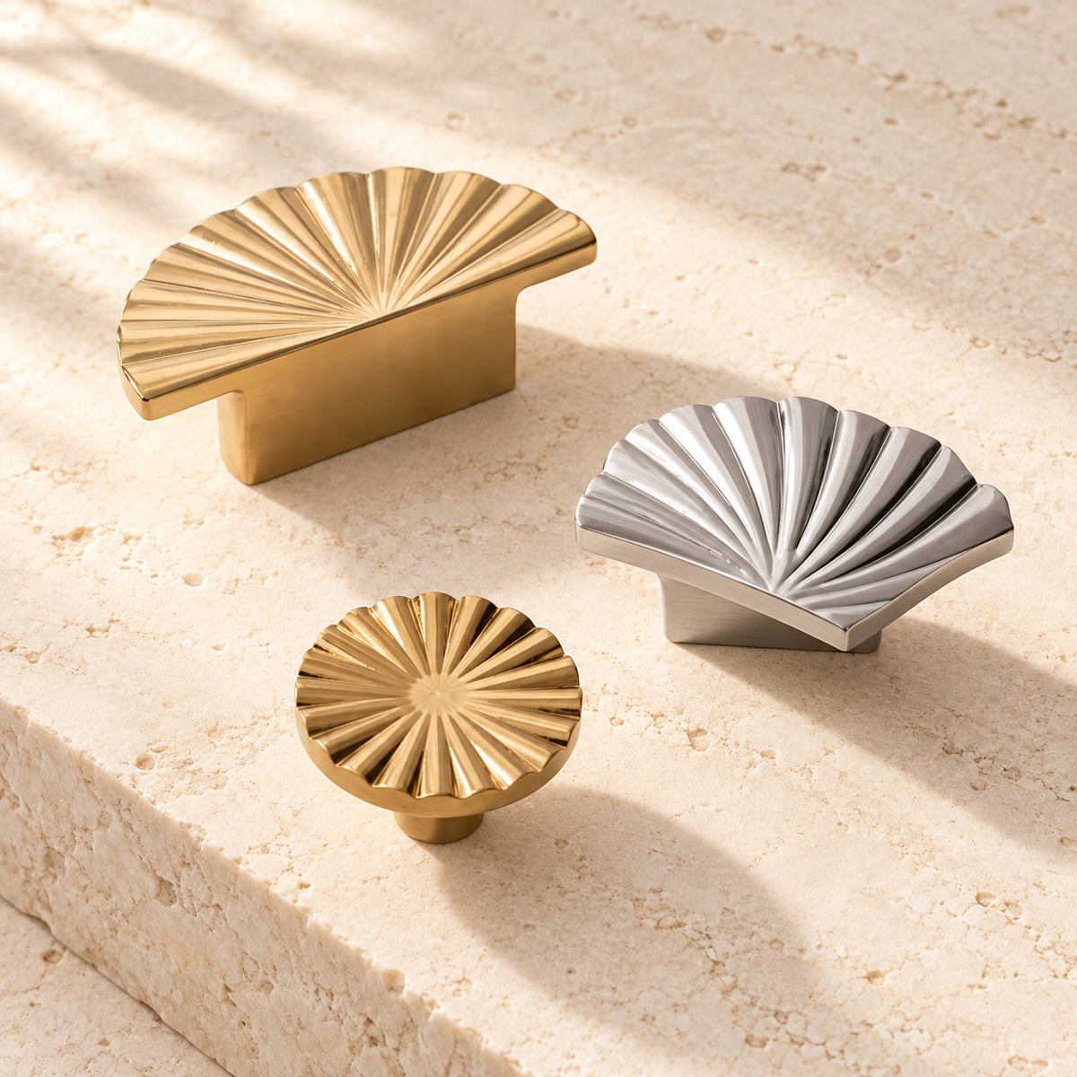 Brass Cabinet Knob — Multi-Finish (PVD Gold & Chrome) on warm ivory stone