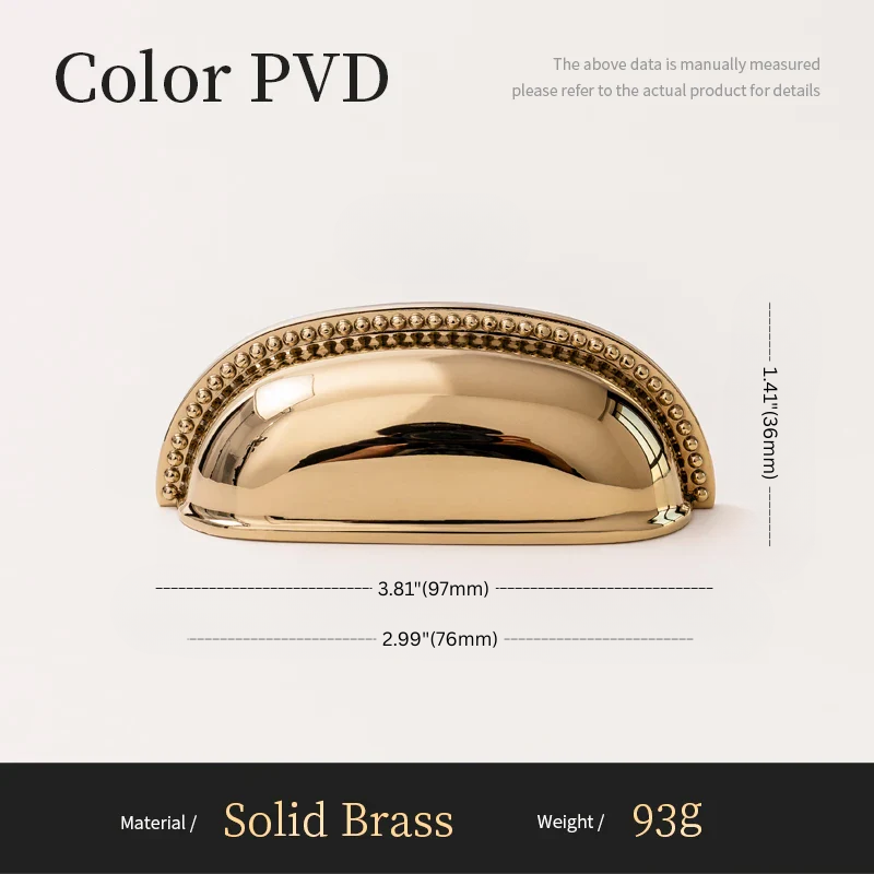 Gold cabinet handle with dimensions and material details on a white background