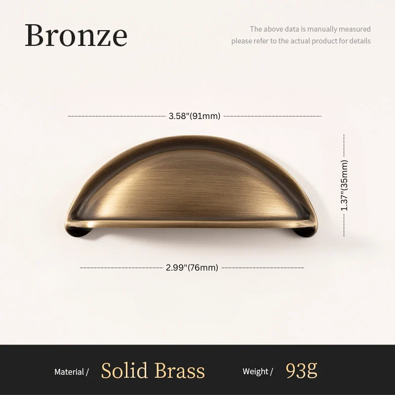 Bronze cabinet handle with dimensions and material details on a white background