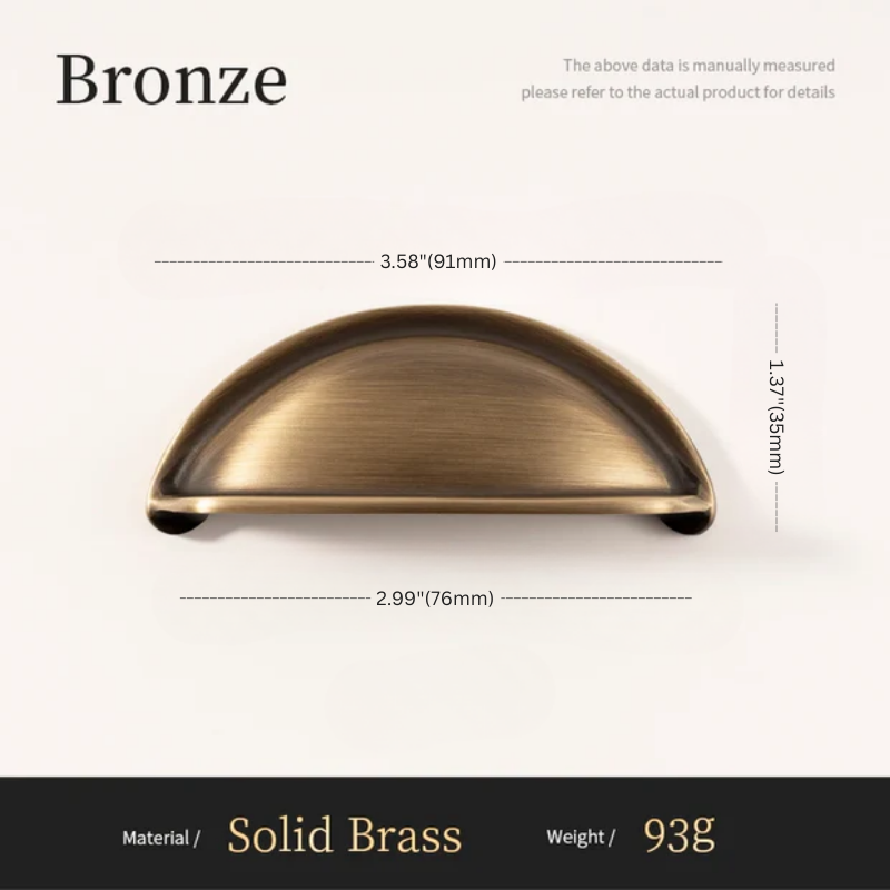 Bronze cabinet handle with dimensions and material details on a white background