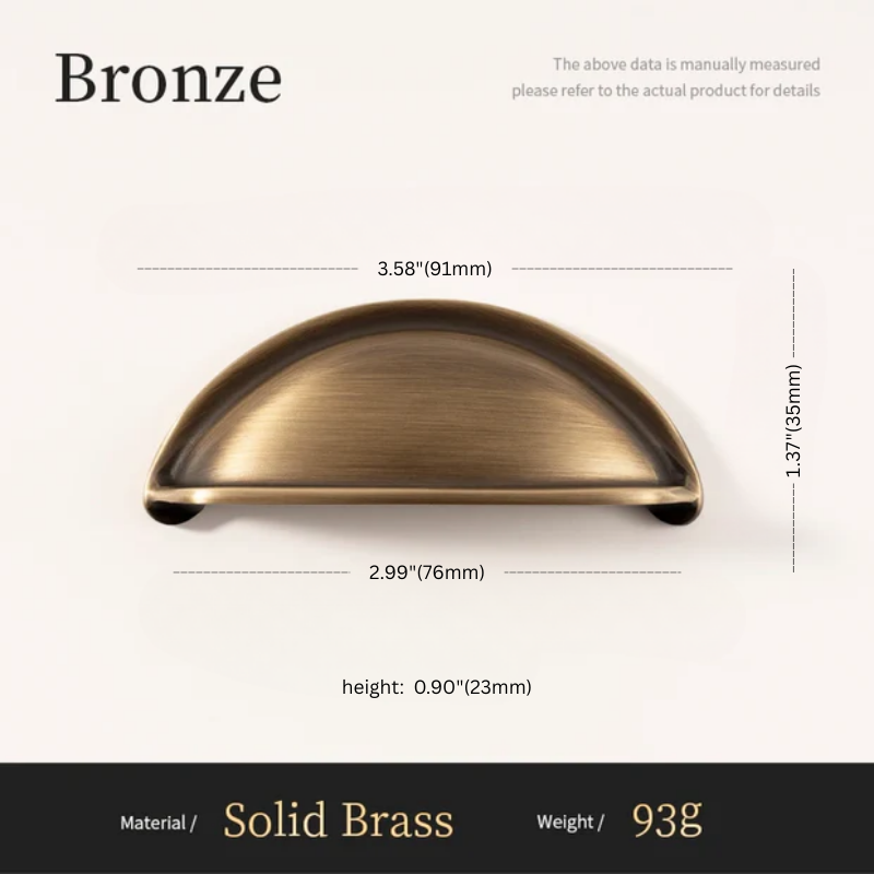 Bronze cabinet handle with dimensions and material details on a white background