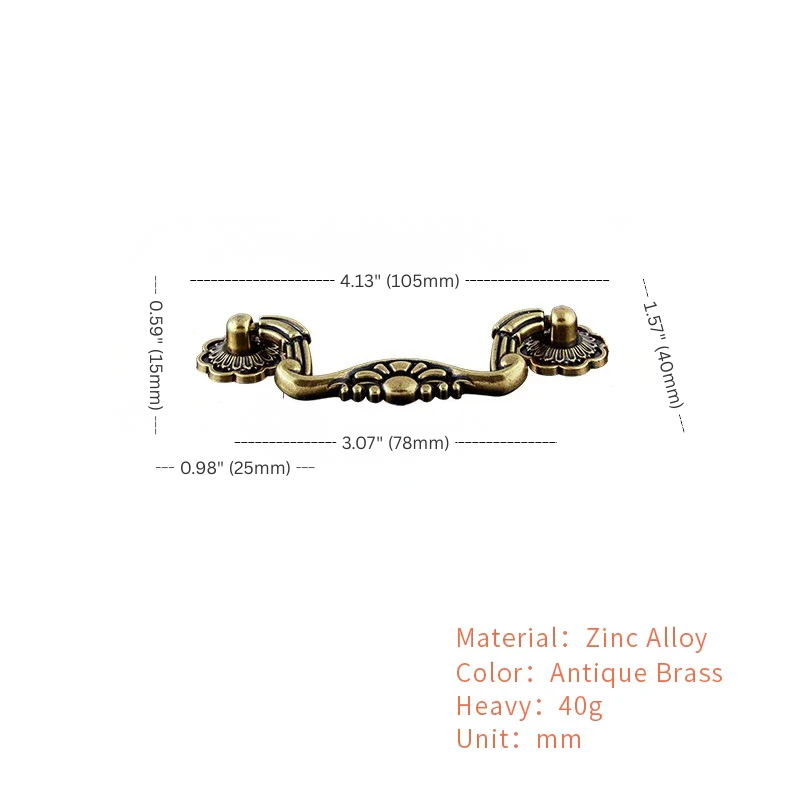 Antique brass cabinet handle with dimensions and material details on a white background