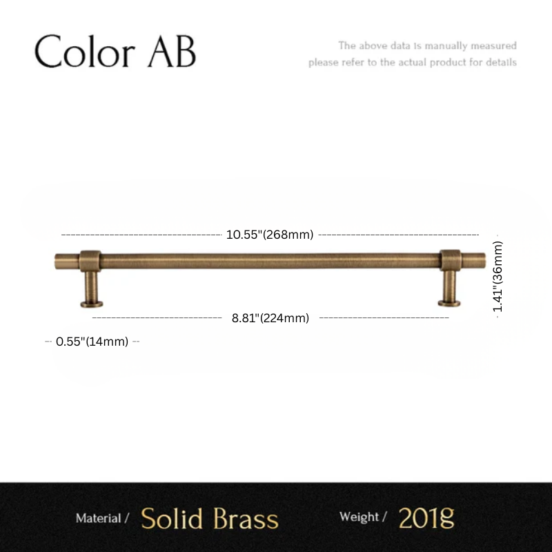 Measurement chart for a solid brass cabinet handle with dimensions and material details.