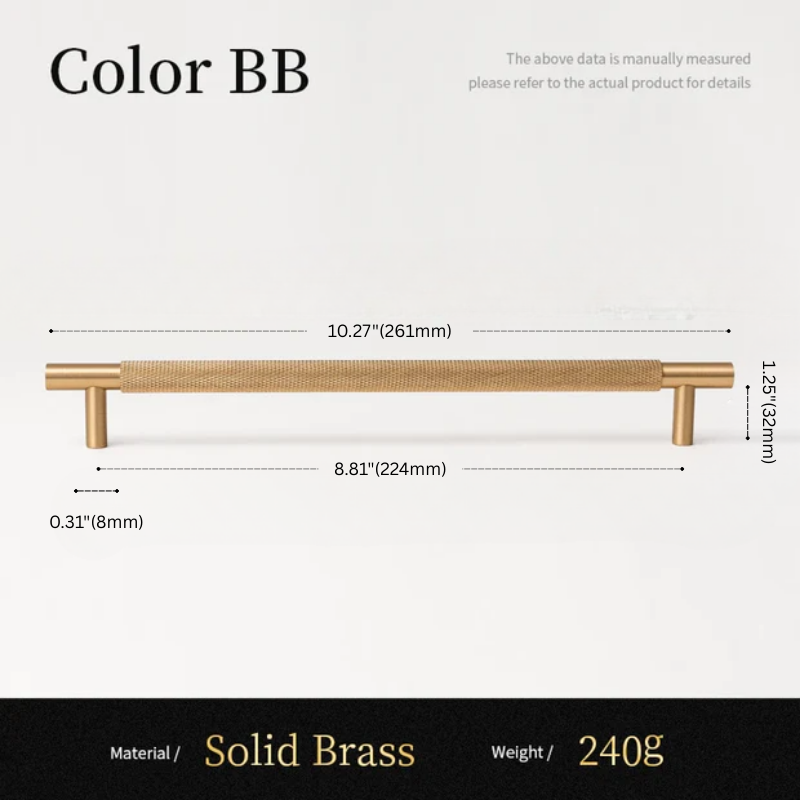 Measurement chart of a solid brass handle with dimensions and material details.