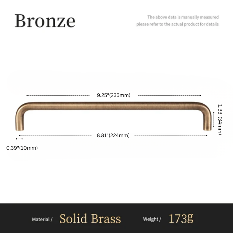 Bronze cabinet handle with dimensions and material details on a white background