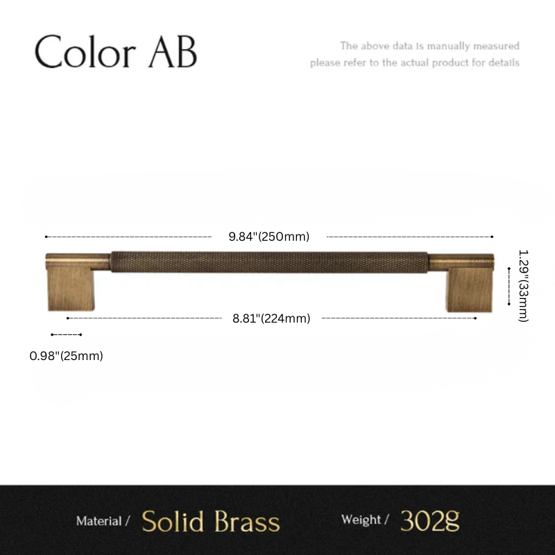 Measurement chart of a solid brass handle with dimensions and material details.