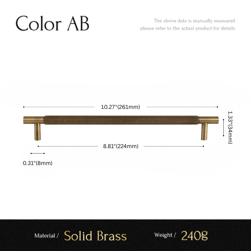 Measurement chart for a solid brass handle with dimensions and material details.