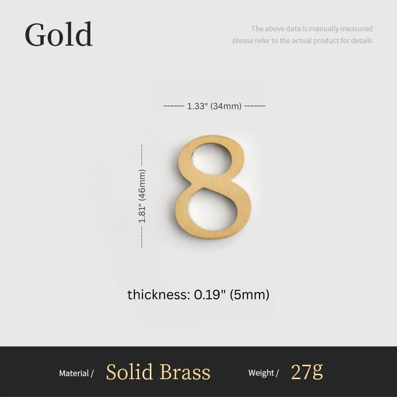 Gold number '8' with measurements on a white background
