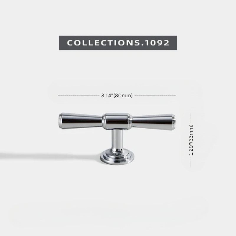 Chrome cabinet handle with dimensions on a white background