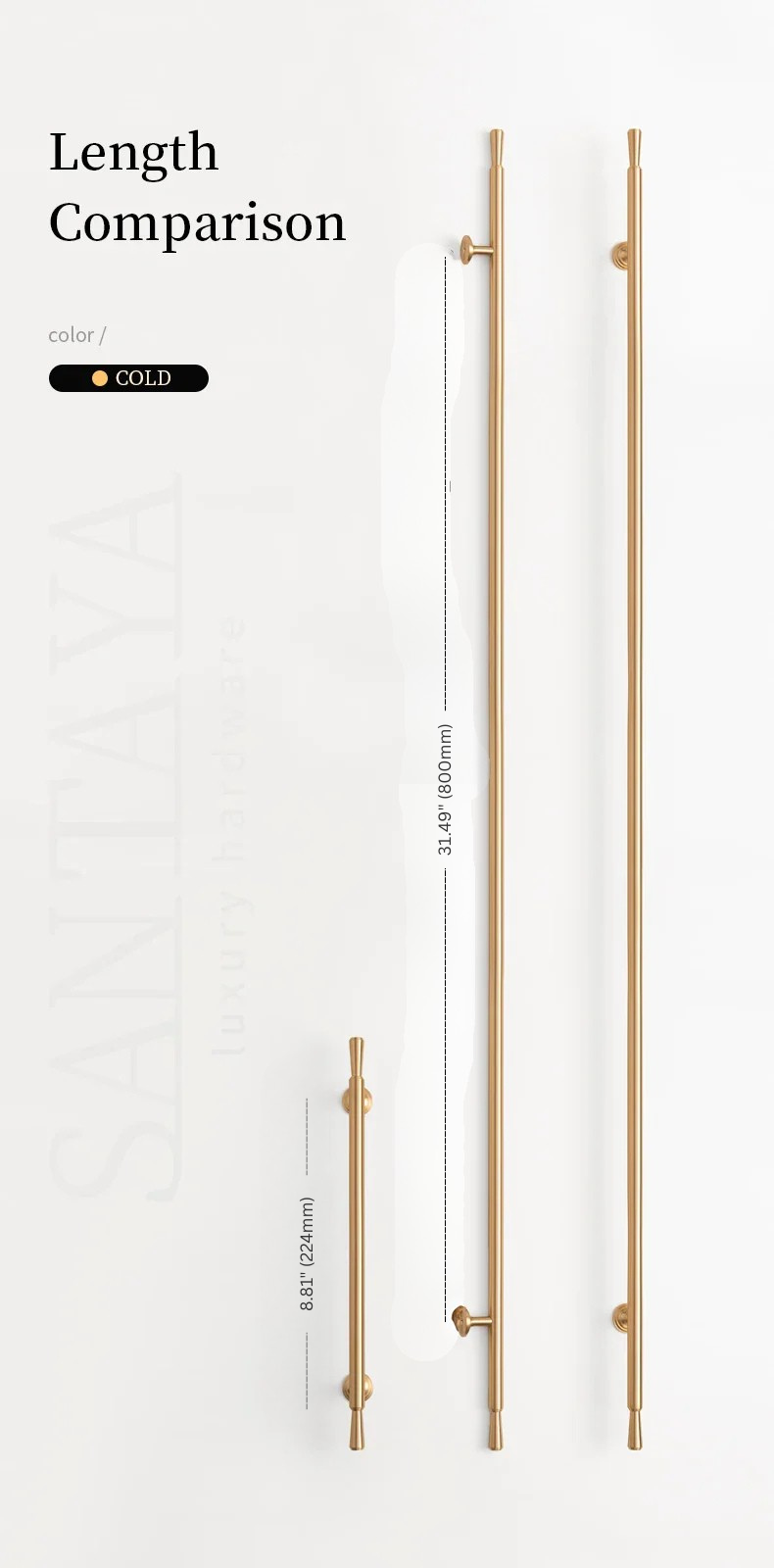 Gold door handles of different lengths on a white background