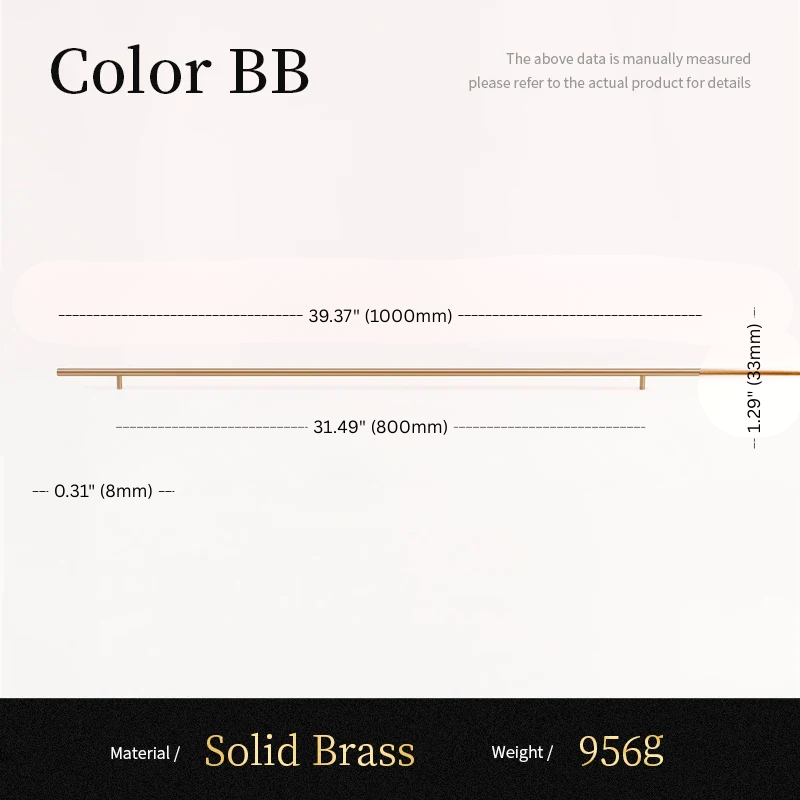 Measurement chart for solid brass component with dimensions and material details.