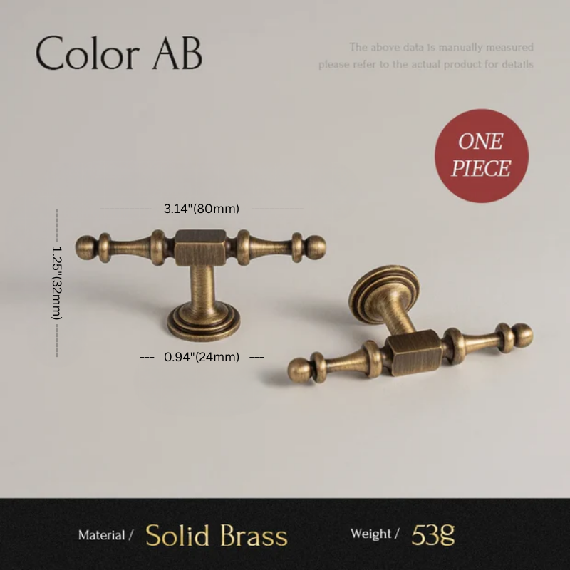 Solid brass door handles with dimensions and material details on a gray background