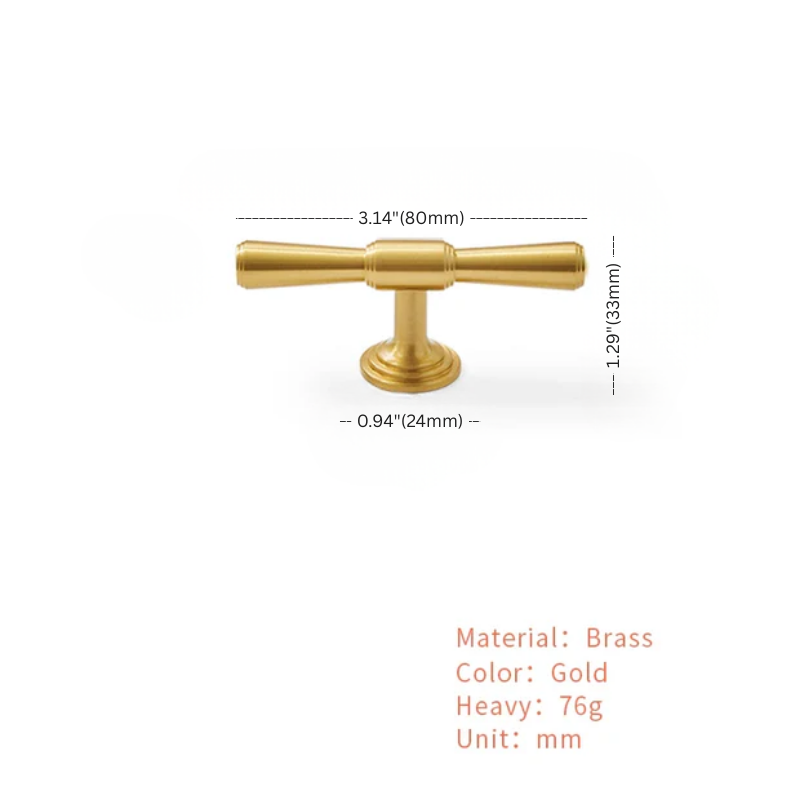 Gold cabinet handle with dimensions and material details on a white background