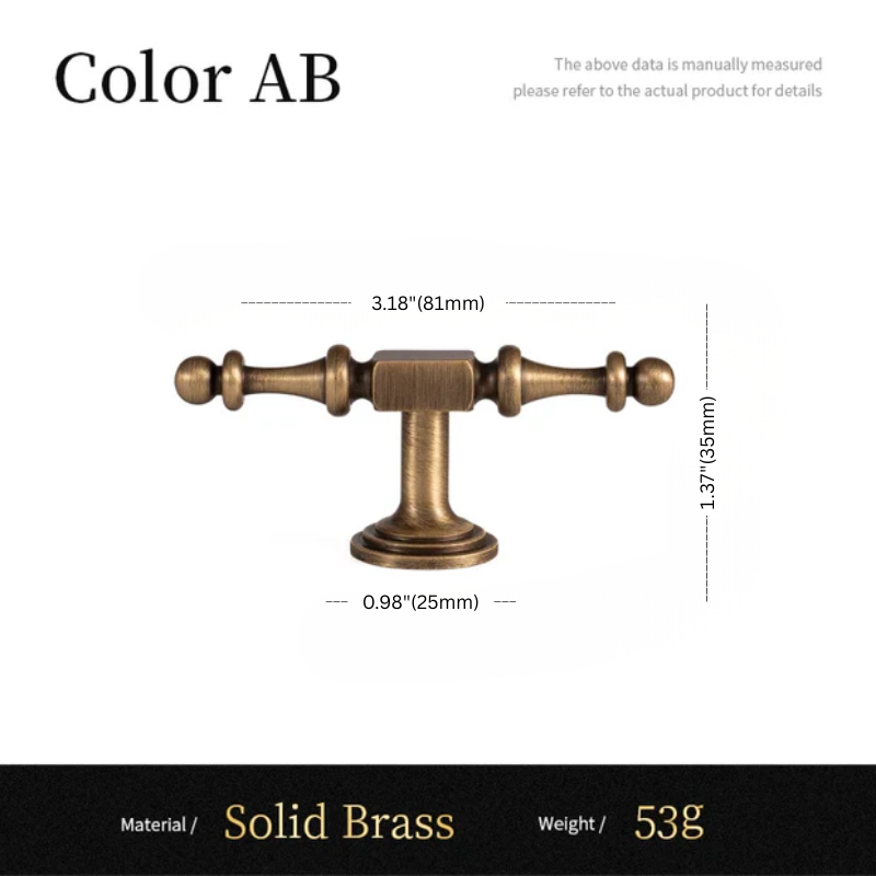 Solid brass cabinet handle with dimensions and material details on a white background
