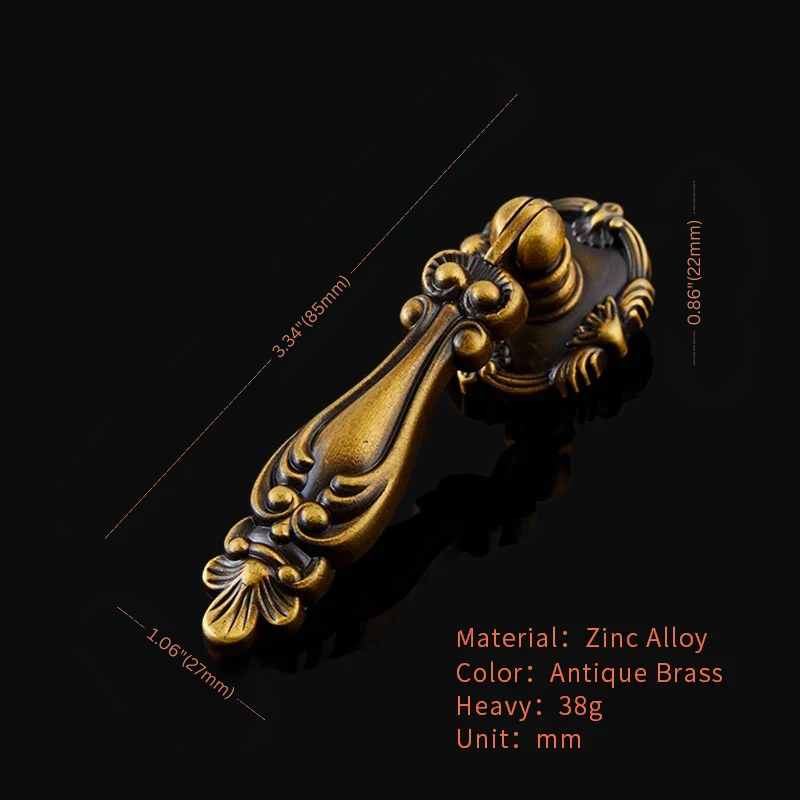Decorative brass handle with measurements and material details on a black background